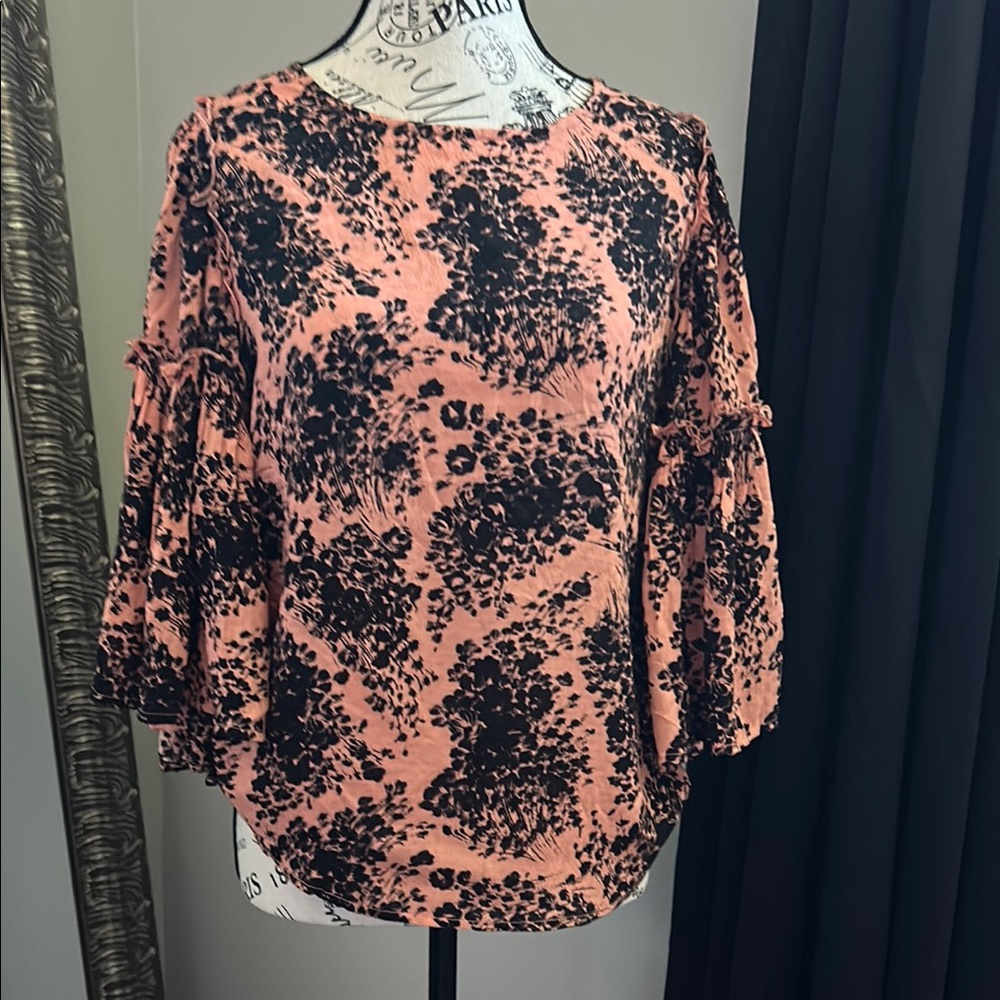 Ruffled Black and Pink 3/4 Bell Sleeve Blouse by Nordstrom